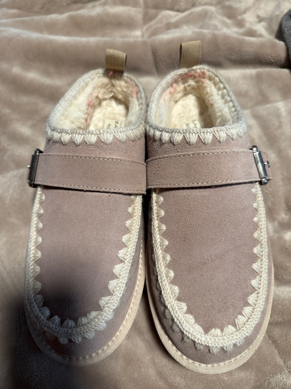 Vintage Havana Pink Suede Faux-Fur Lined Slip-On Mules with Cream Trim